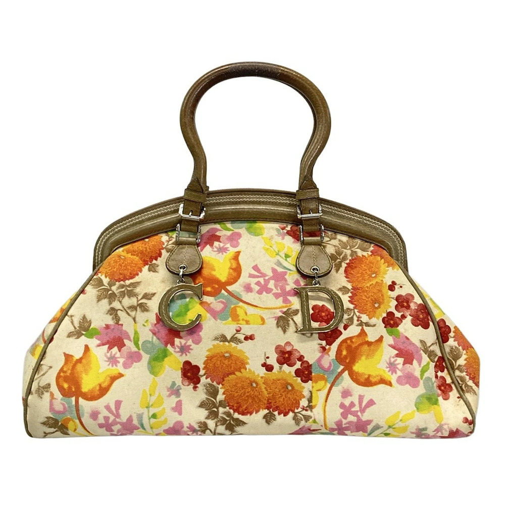 DIOR Christian handbag Floral Flower orange Greige Gray multi leather